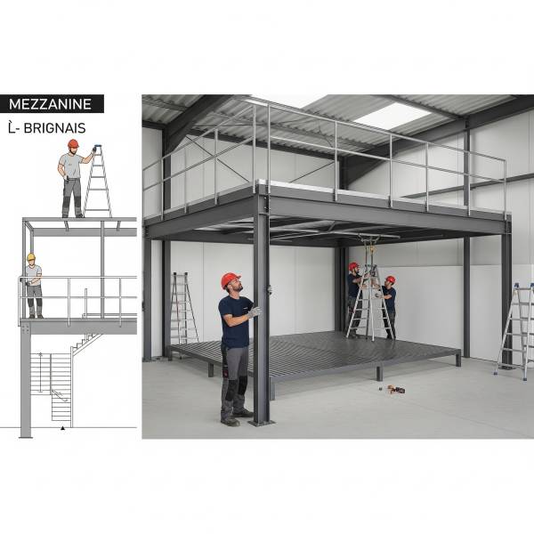 Réalisation de mezzanine en métal sur mesure avec plan du projet et installation professionnelle à Brignais