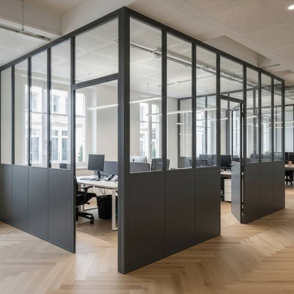 Fabrication de cloison vitrée en acier avec finition thermolaquée pour séparation de bureau à Lyon