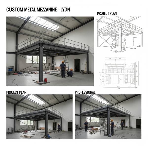 Réalisation de mezzanine en métal sur mesure avec plan du projet et installation professionnelle à Lyon