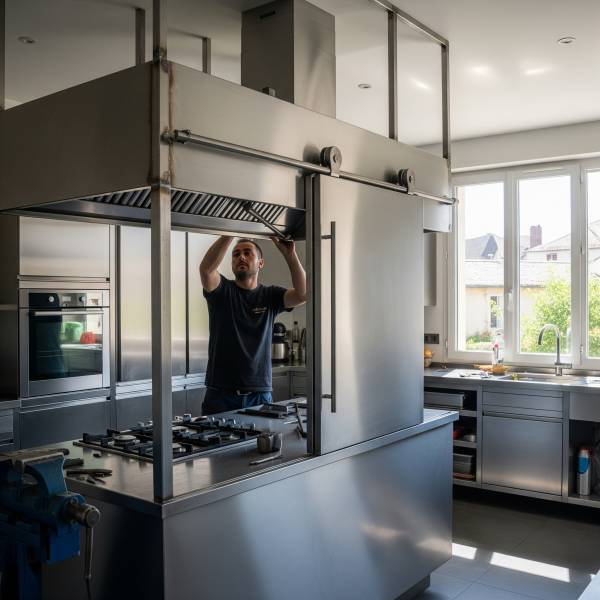 Artisan métallier à Mornant : conception et pose de verrière intérieure en métal avec porte coulissante pour cuisine